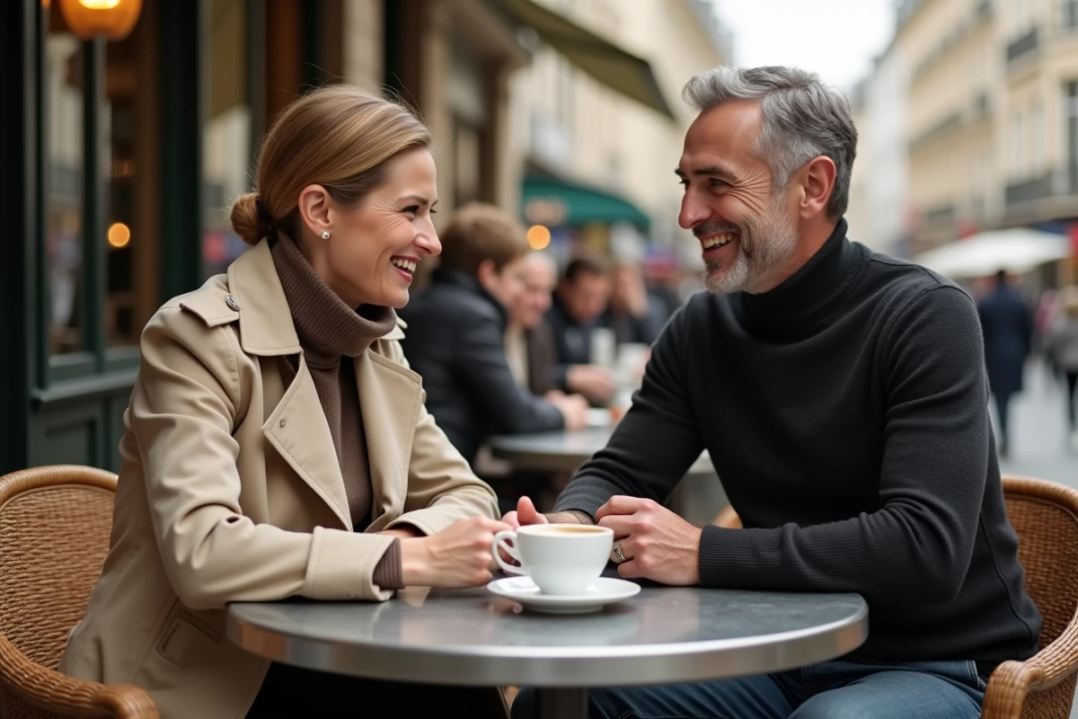 Couple médiatique discret attablé en terrasse de bistro parisien, café et conversation intime