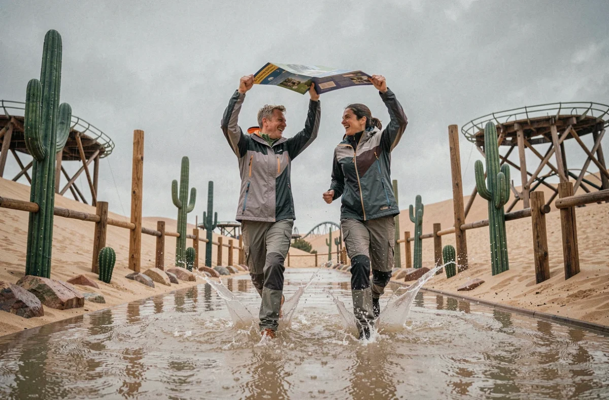 Couple courant sous la pluie entre les attractions de la Mer de Sable