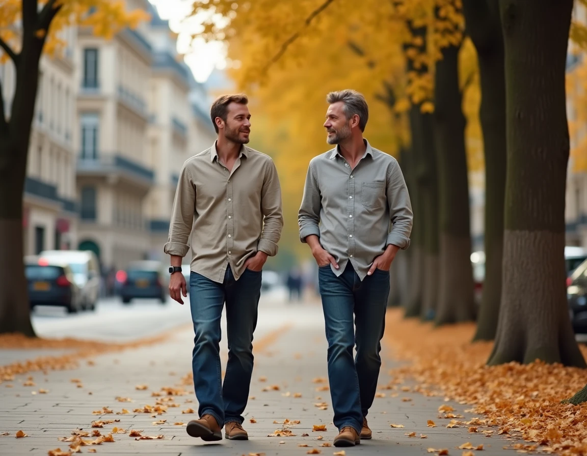 Couple se promenant sur un boulevard parisien en automne, évoquant la vie de couple et la vie privée d'une personnalité publique