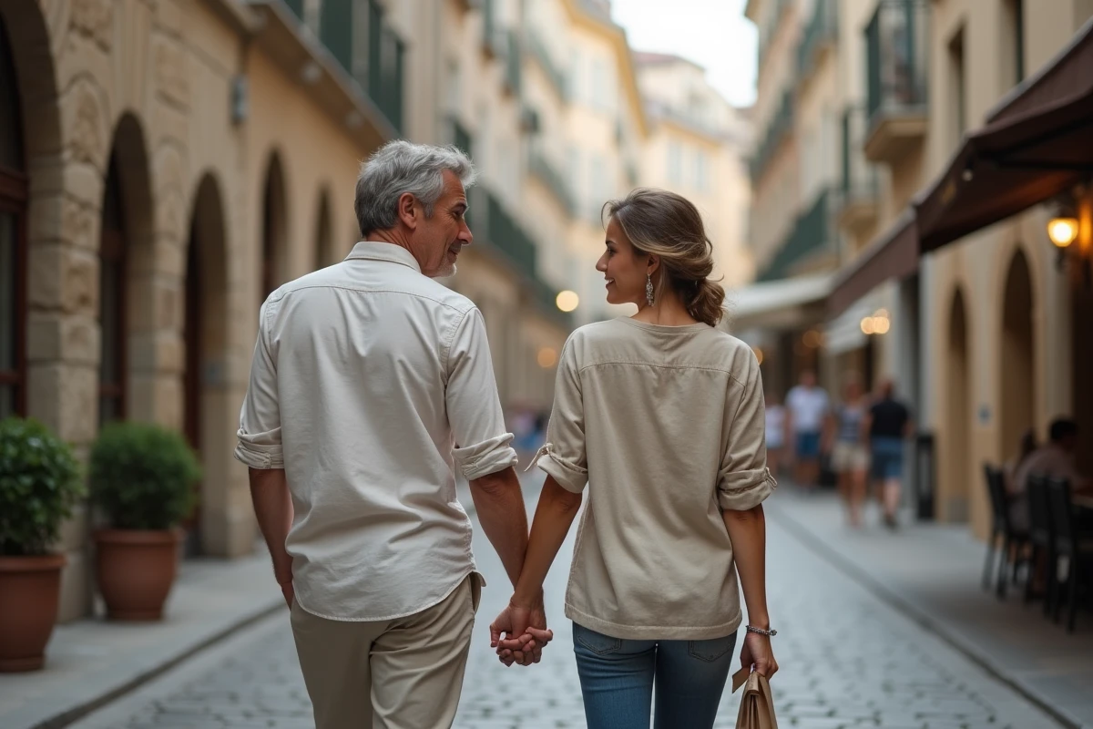 Couple se promenant dans une rue pavée française, capturant une complicité naturelle et une vie privée préservée loin des projecteurs