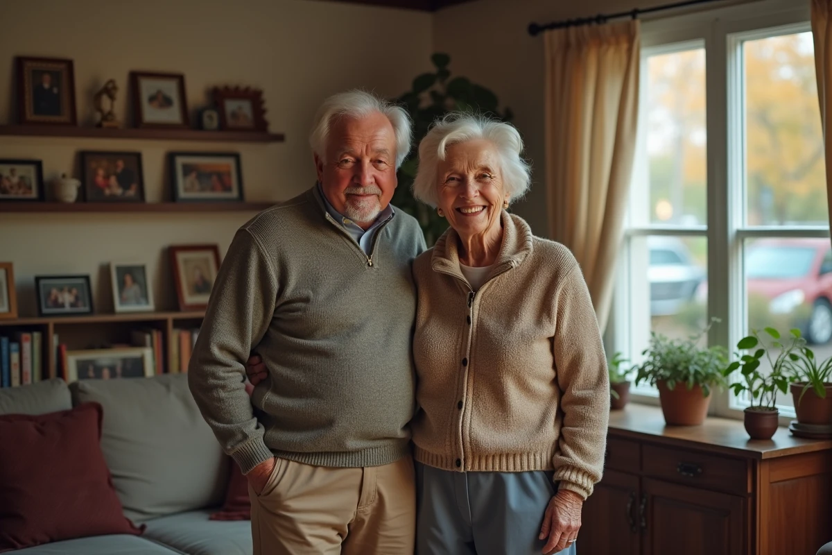 Couple âgé souriant dans un salon chaleureux