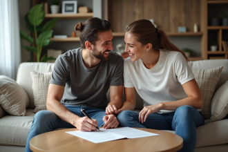Jeune couple signant un document dans un salon moderne