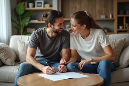 Jeune couple signant un document dans un salon moderne