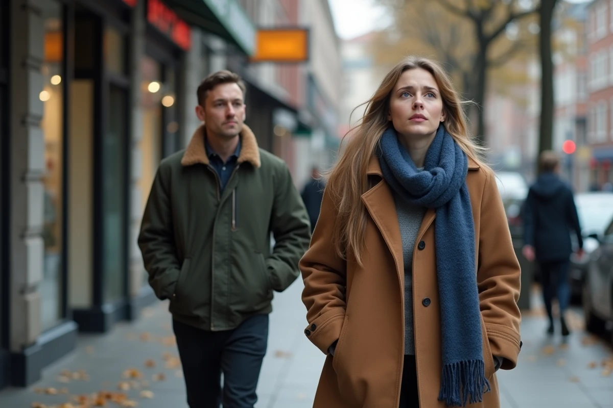 Couple en tension dans la rue après une dispute, l'homme marchant en tête et ignorant sa partenaire dans un contexte urbain automnal