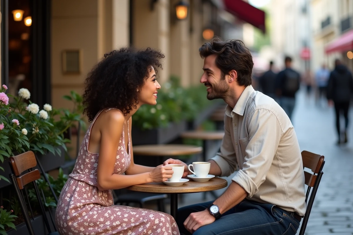 Couple assis à une terrasse de café parisien, moment de complicité et d'intimité dans un cadre urbain authentique