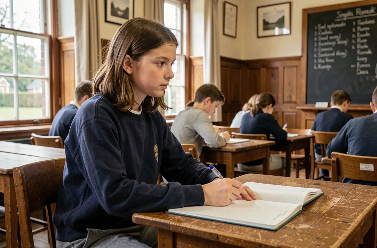 Adolescente française en cours d'anglais dans une salle de classe britannique traditionnelle pendant des vacances scolaires linguistiques