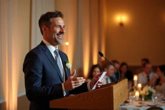 Homme en costume marine faisant un discours humoristique lors d'un mariage devant des invités qui rient