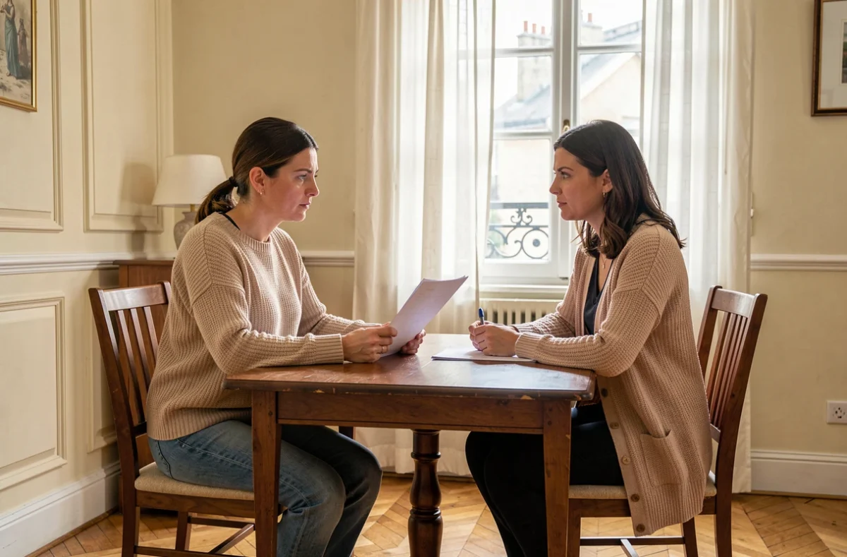 Assistante maternelle et parent discutant d'un préavis en retard autour d'une table