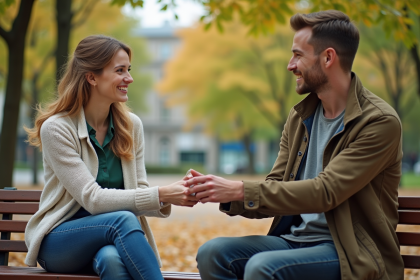 Femme aidant un jeune homme dans un parc en automne