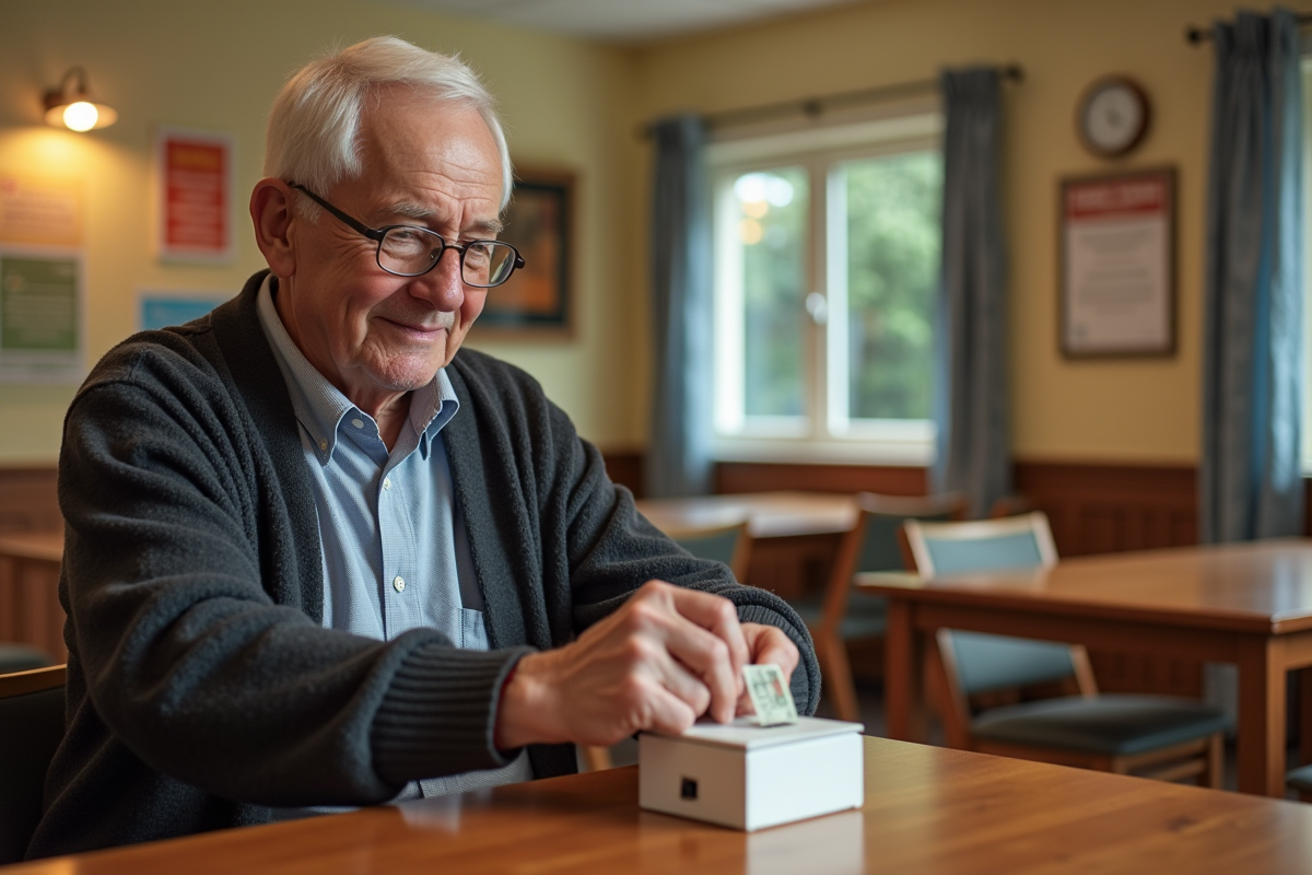 Homme âgé faisant un don dans un centre communautaire