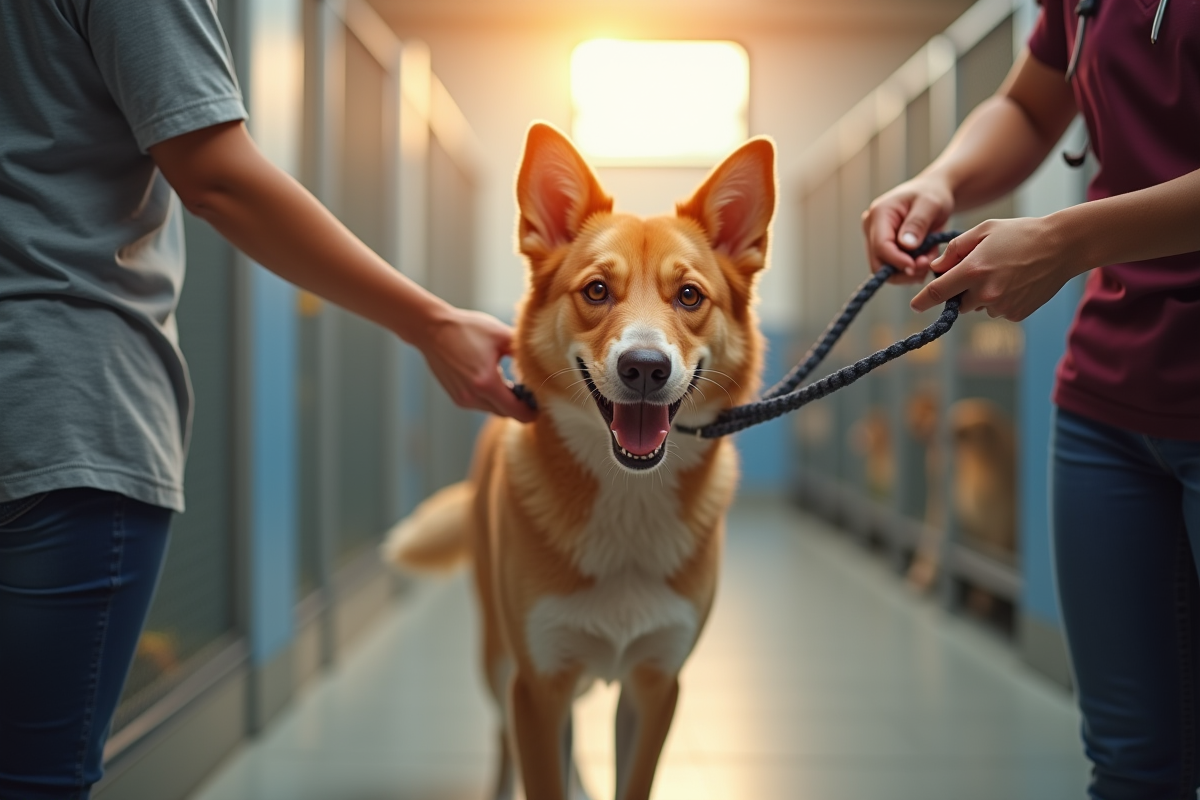 Personne donnant la laisse d'un chien amical dans un refuge