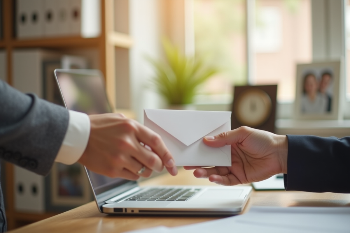 Deux mains échangeant une enveloppe dans un bureau lumineux