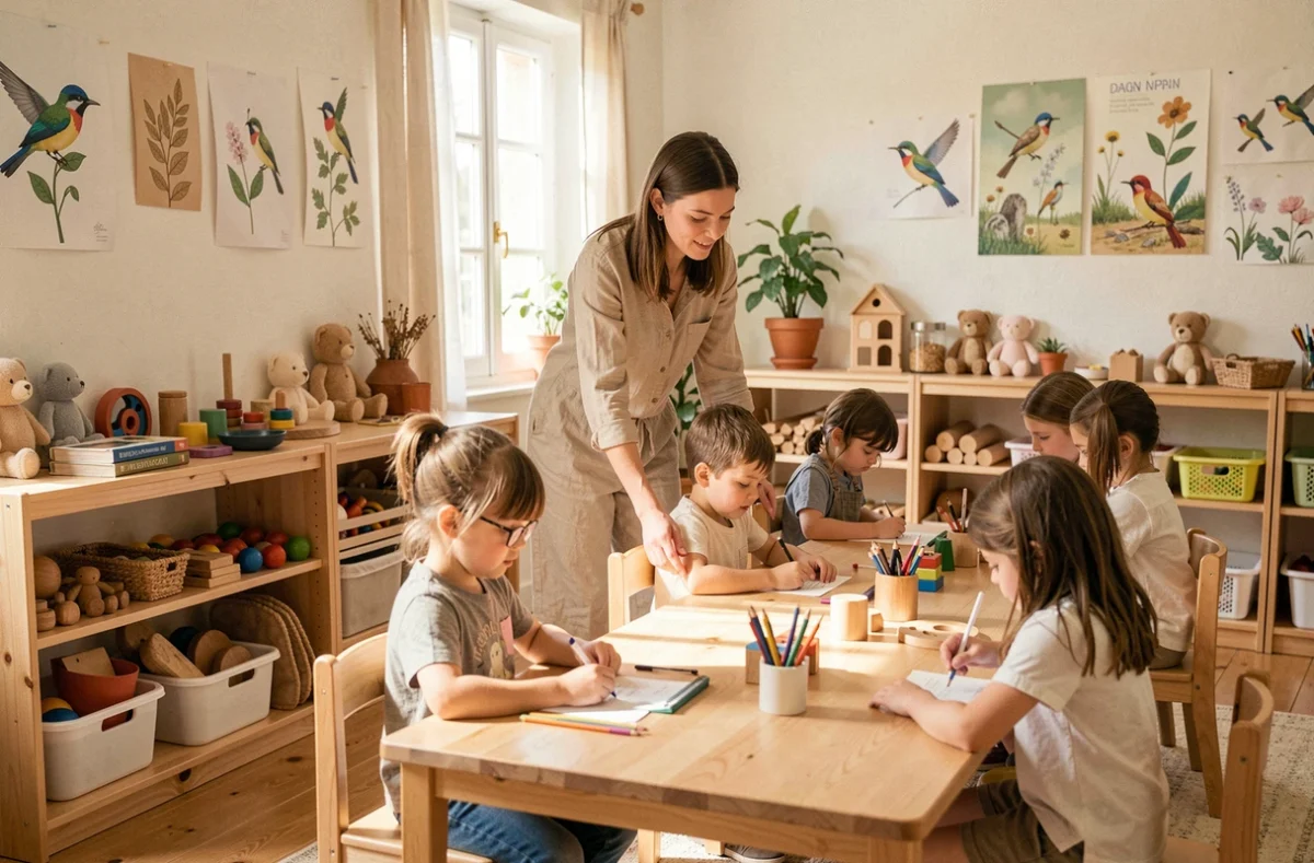 Classe Montessori de l'École Montessori Internationale Les Colibris avec des élèves travaillant de manière autonome sur des activités pédagogiques en bois