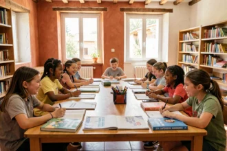 Élèves dans une école bilingue de Provence-Alpes-Côte d'Azur travaillant ensemble sur des supports pédagogiques multilingues