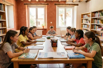 Élèves dans une école bilingue de Provence-Alpes-Côte d'Azur travaillant ensemble sur des supports pédagogiques multilingues