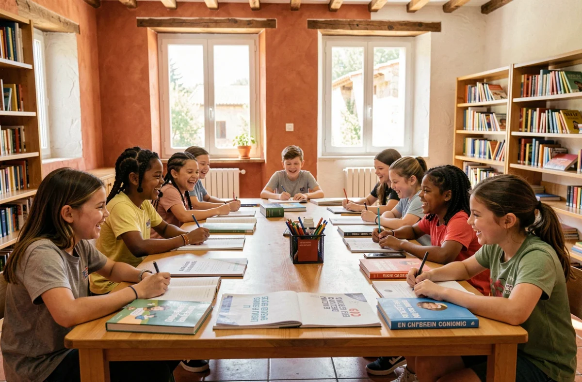 Élèves dans une école bilingue de Provence-Alpes-Côte d'Azur travaillant ensemble sur des supports pédagogiques multilingues