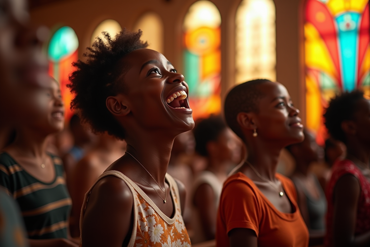 Familles noires en prière dans une église moderne des Caraibes