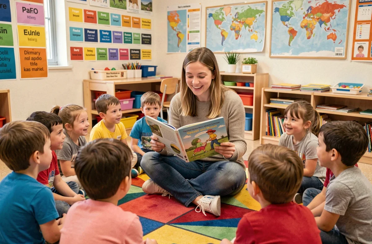 Enseignante de l'EIPACA lisant un livre bilingue à un groupe d'élèves du primaire en cercle sur un tapis coloré