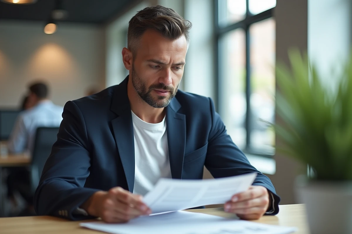 Employé consultant un document administratif pour son congé paternité au bureau