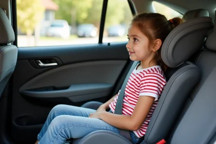 Jeune fille assise dans un réhausseur homologué avec ceinture de sécurité correctement positionnée dans une voiture familiale