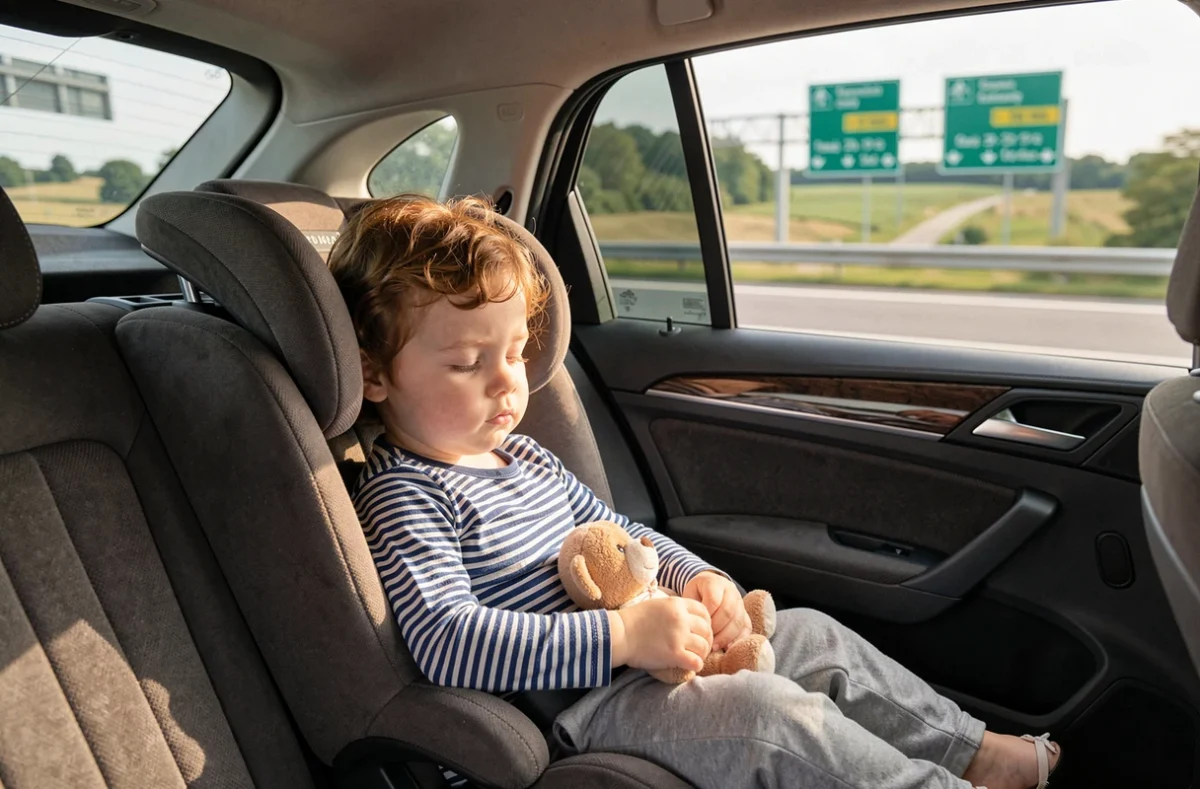 Enfant en bas âge installé dans un siège auto dos à la route lors d'un long trajet autoroute