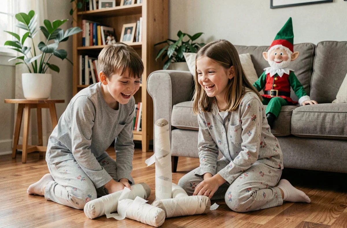 Deux enfants en pyjama découvrant les bêtises d'un lutin farceur qui a emballé leurs peluches dans du papier toilette