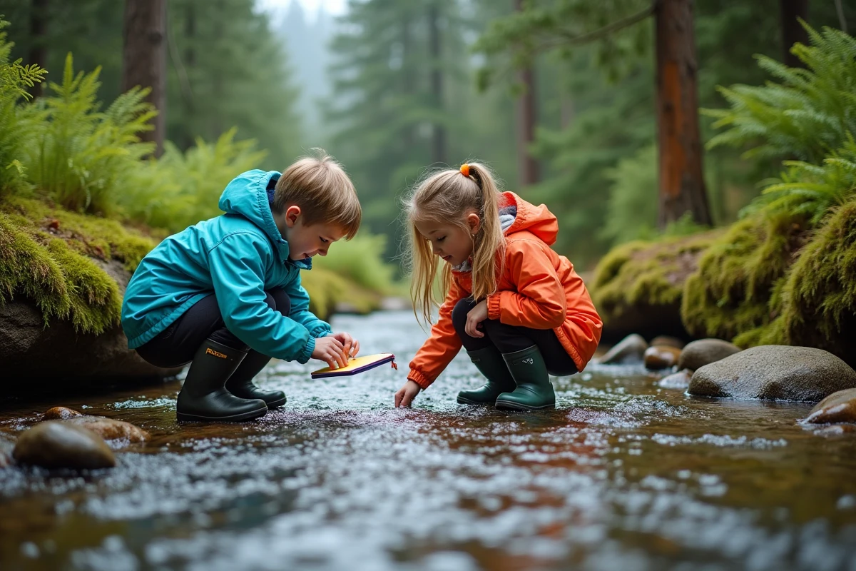 Enfants de famille expatriée découvrant la nature canadienne en Colombie-Britannique pendant les vacances scolaires