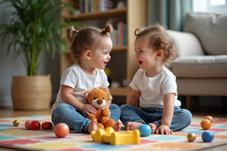 Deux tout-petits jouent sur un tapis coloré à la maison