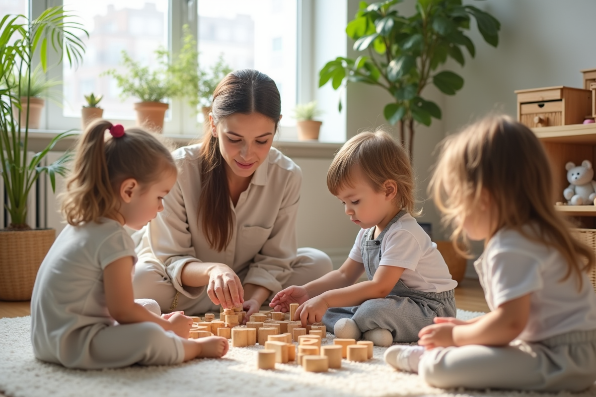 Enseignante guidant enfants explorant matériaux sensoriels