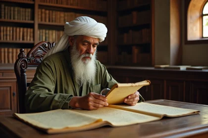 Érudit islamique âgé étudiant des manuscrits arabes et des arbres généalogiques dans une bibliothèque traditionnelle