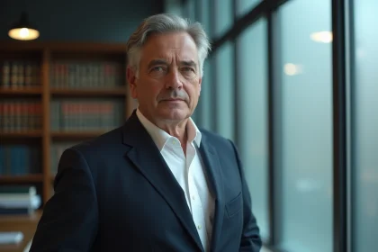 Portrait d'un expert en sécurité dans un bureau institutionnel parisien, incarnant discrétion et autorité
