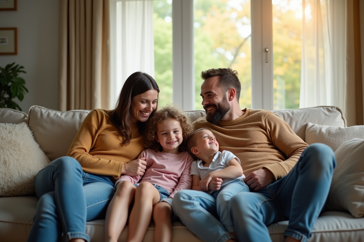 Famille diverse assise sur un canapé dans un salon chaleureux