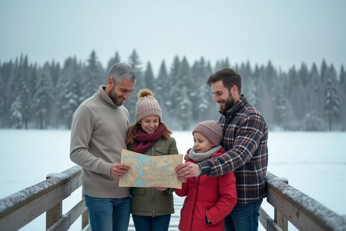 Famille expatriée explorant un paysage hivernal canadien avec leurs enfants pendant les vacances scolaires