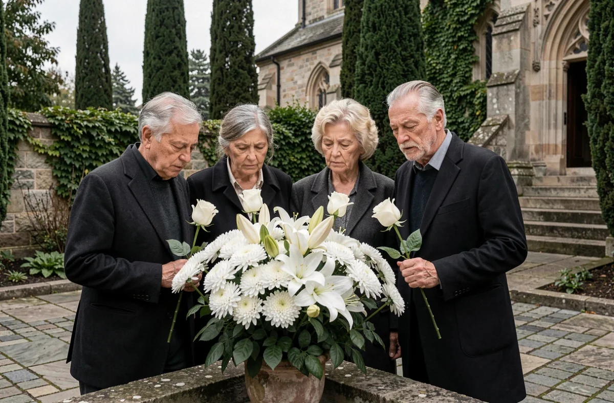 Famille réunie autour d'un bouquet de fleurs blanches lors d'un enterrement, rendant hommage à une tante décédée avec émotion et dignité