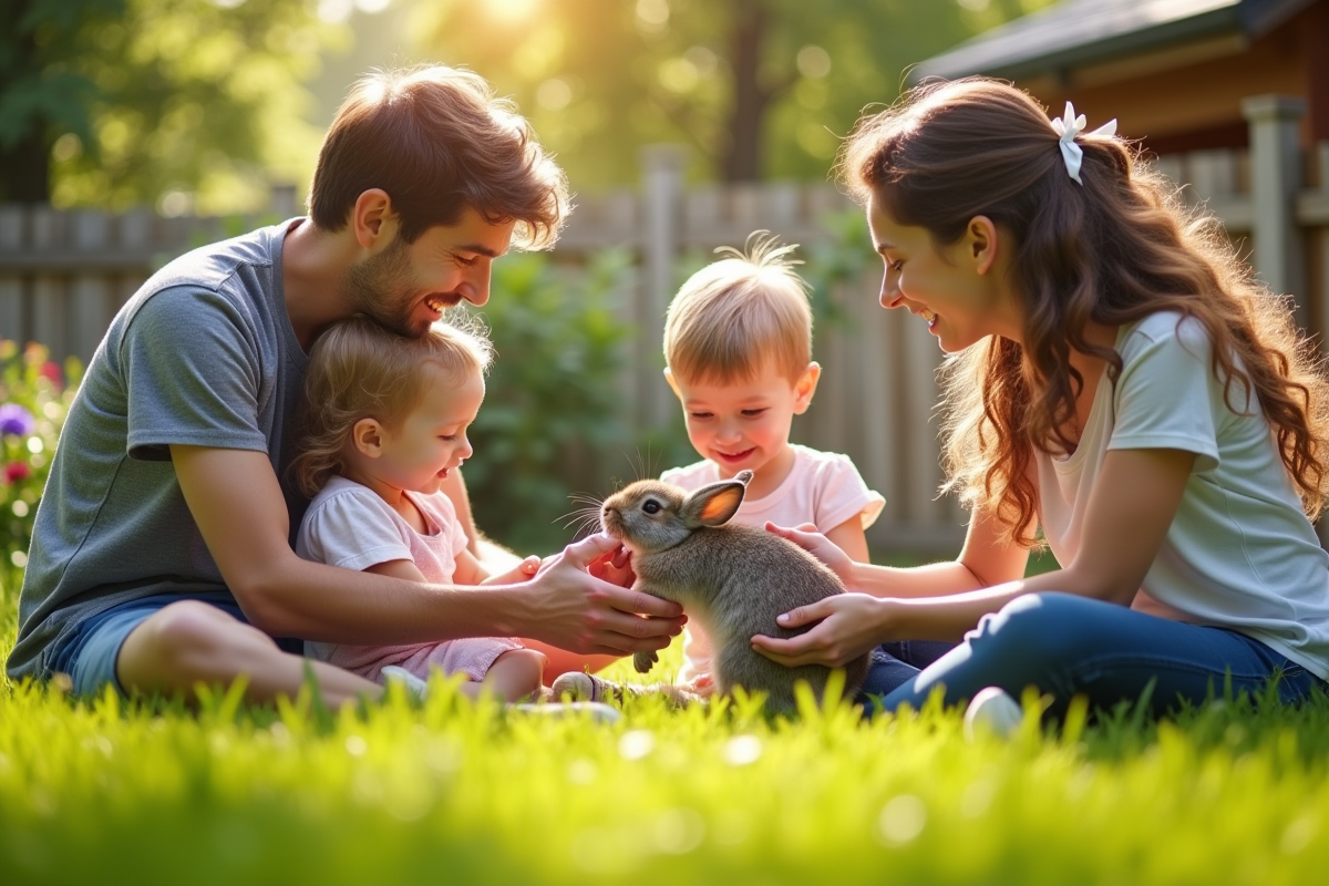 Famille dans un jardin accueillant présentant un lapin aux enfants