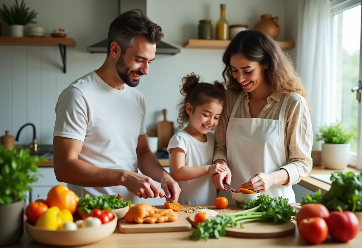 Famille préparant un repas sain dans une cuisine lumineuse