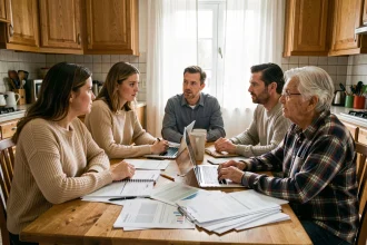 Famille recomposée réunie autour d'une table de cuisine pour discuter de l'obligation alimentaire envers une mère âgée