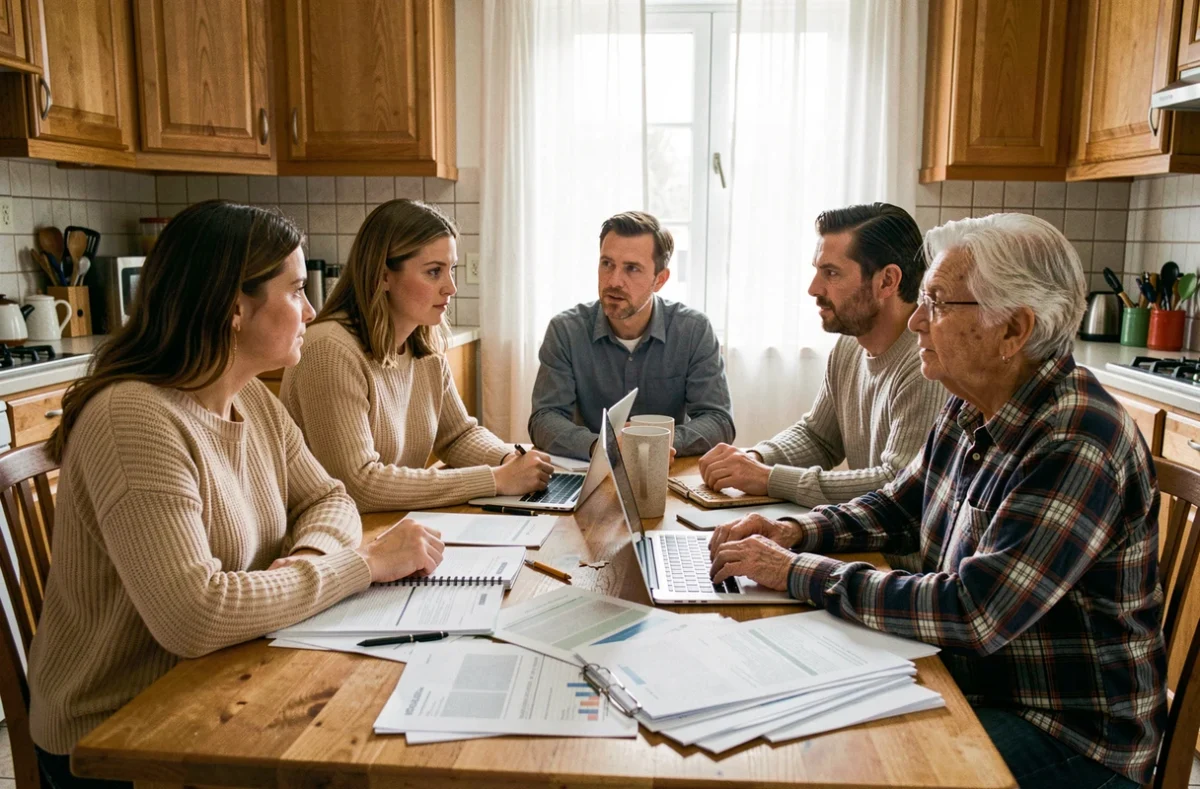 Famille recomposée réunie autour d'une table de cuisine pour discuter de l'obligation alimentaire envers une mère âgée