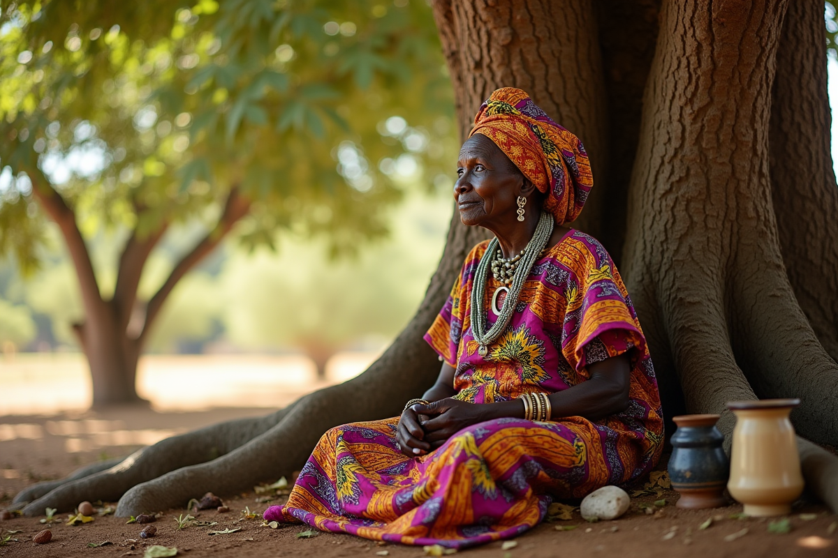 Femme africaine âgée en tenue traditionnelle colorée sous un arbre