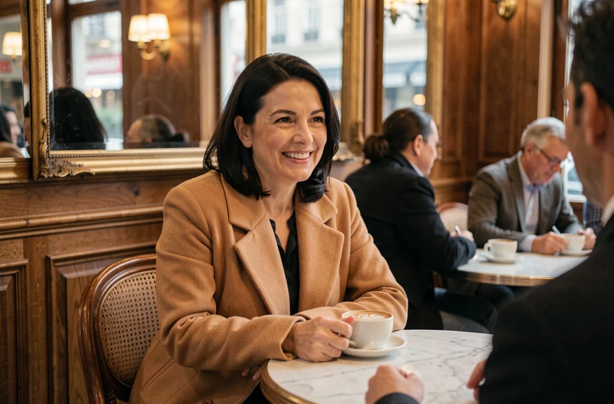 Femme souriante en manteau camel attablée dans un café parisien, moment de vie authentique