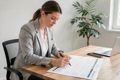 Femme annotant un calendrier semaines paires impaires 2026 imprimé sur un bureau en bois dans un bureau à domicile moderne