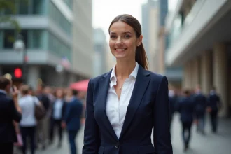 Femme confiante en costume urbain lors d'un événement en ville