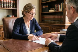 Femme mature consultant un notaire pour la rédaction d'un testament dans un bureau officiel