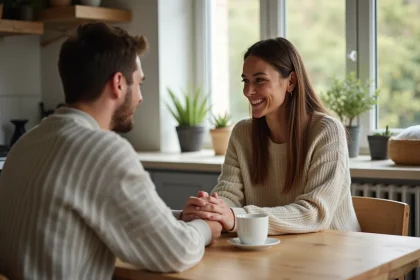 Femme et partenaire souriants dans une cuisine chaleureuse
