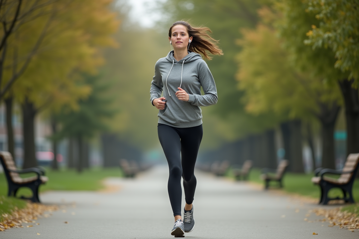 Jeune mère courant dans un parc urbain en pleine nature