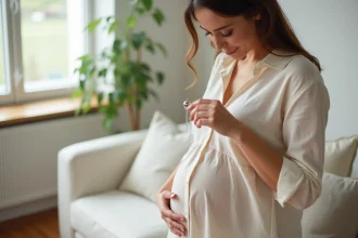 Femme enceinte tenant une bola de grossesse en argent entre ses doigts dans un salon lumineux