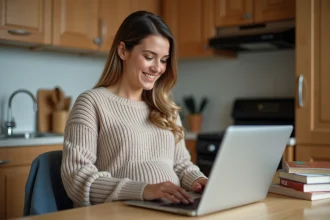 Femme enceinte utilisant un ordinateur dans la cuisine chaleureuse