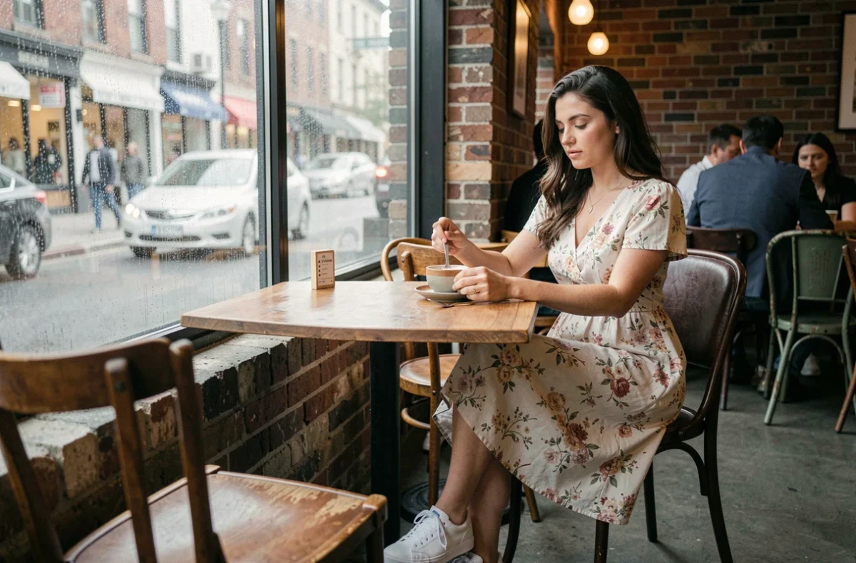 Jeune femme à l'air rêveur et enfantin assise seule dans un café, reflet des attitudes immatures étudiées en psychologie adulte