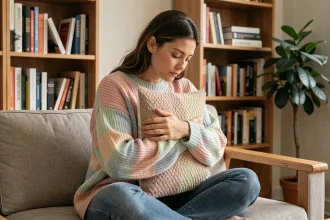 Femme adulte en posture repliée sur un canapé de thérapeute, illustrant les comportements régressifs analysés par les psychologues