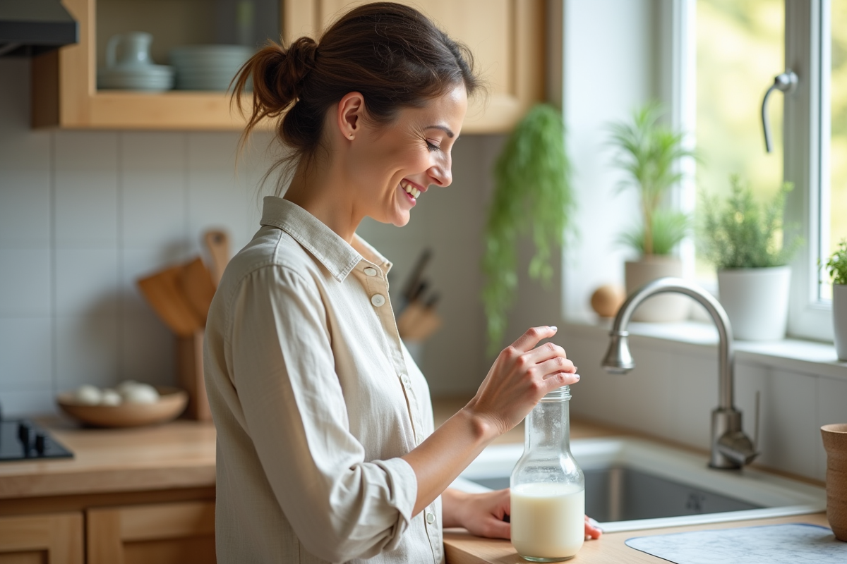 Femme exprimant du lait dans une cuisine lumineuse